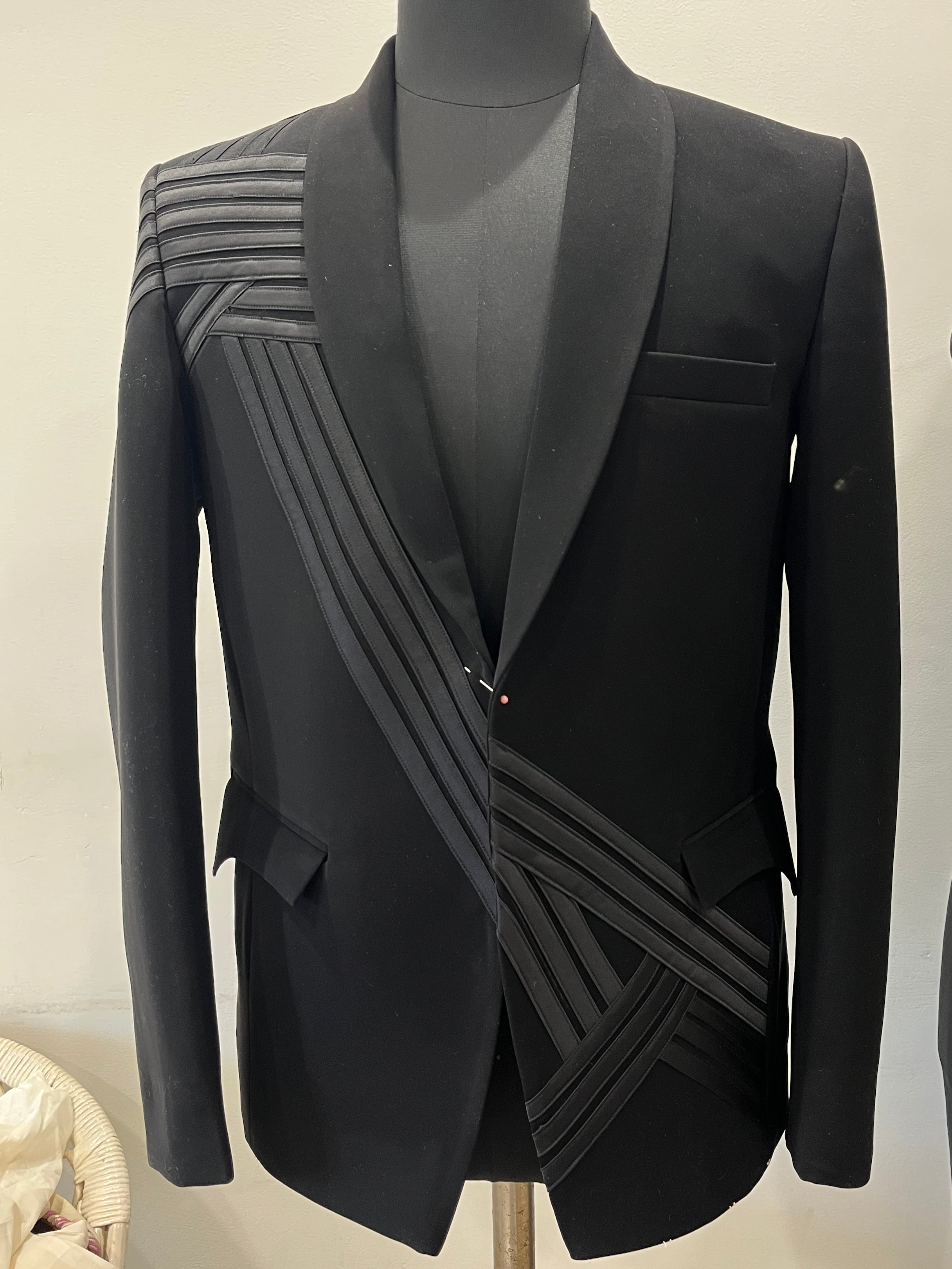 Stylised suit with satin strips detailing